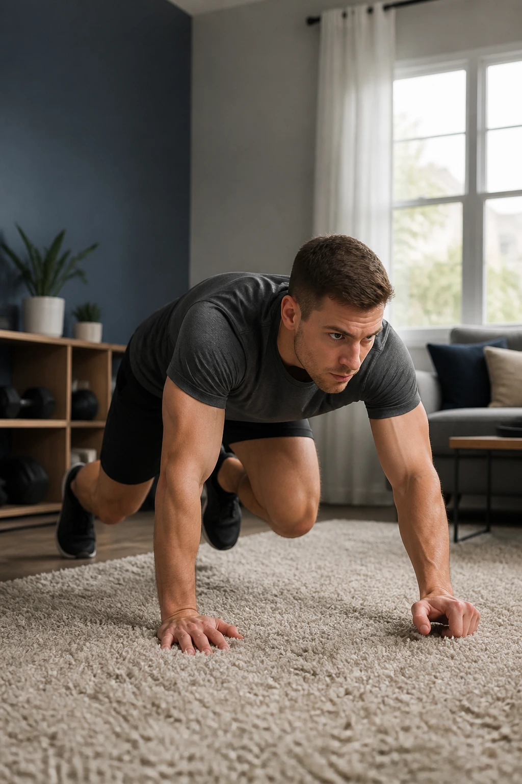 Bear crawl performed by a real person on a rug in a home setting