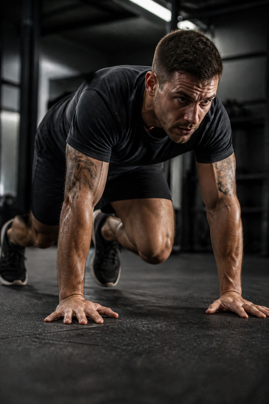 Athlete performing bear crawl on gym floor during intervals