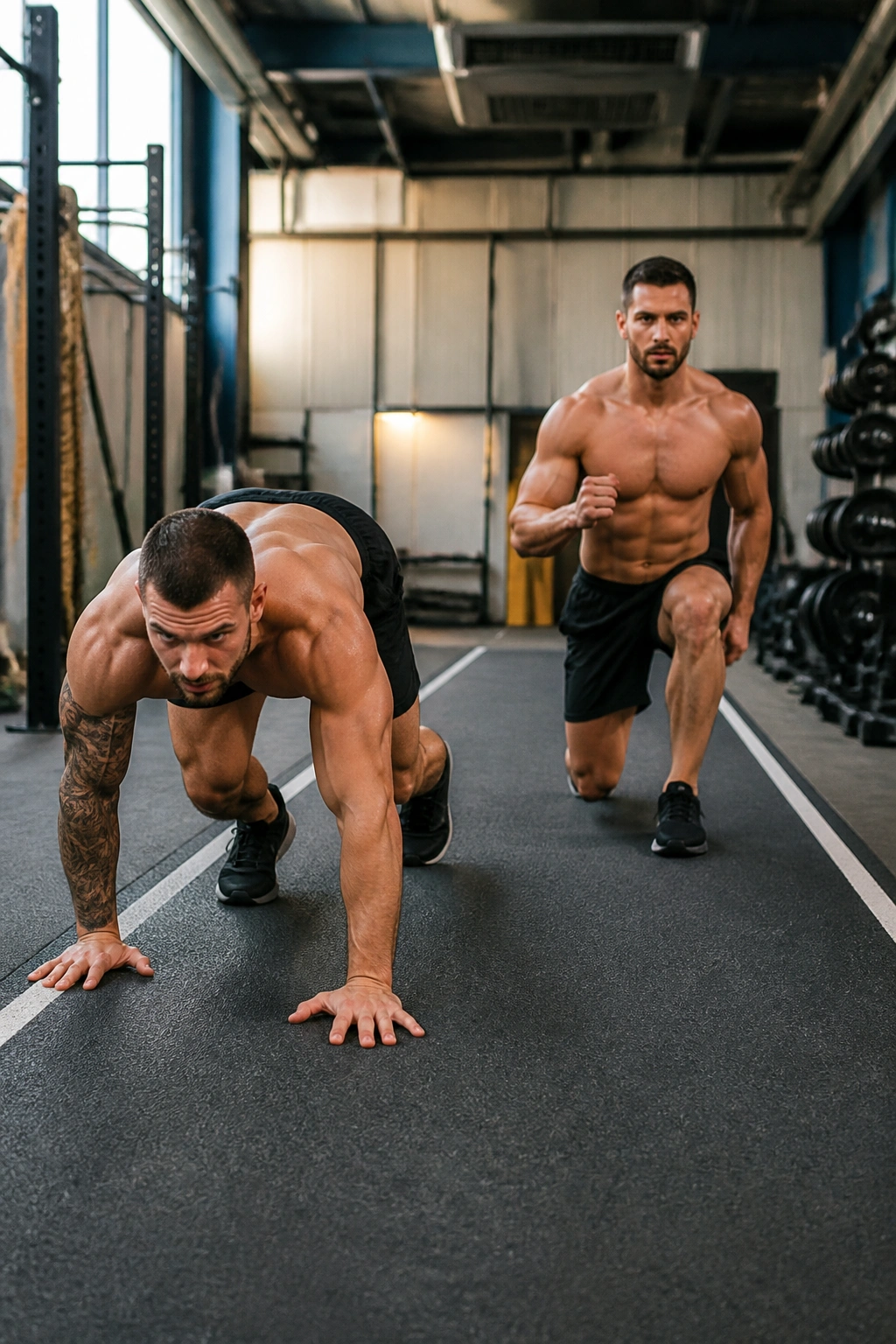 Athlete performing bear crawl to lunge gauntlet in gym