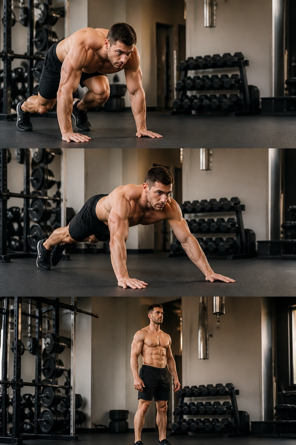 Athlete in bear crawl transitioning to plank in a gym