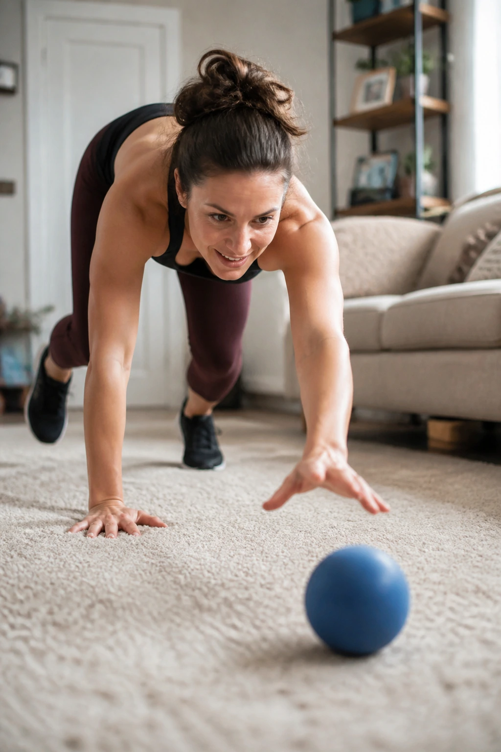 Medium close-up of a person performing bear crawl reaching for a rolling ball on a carpeted living room