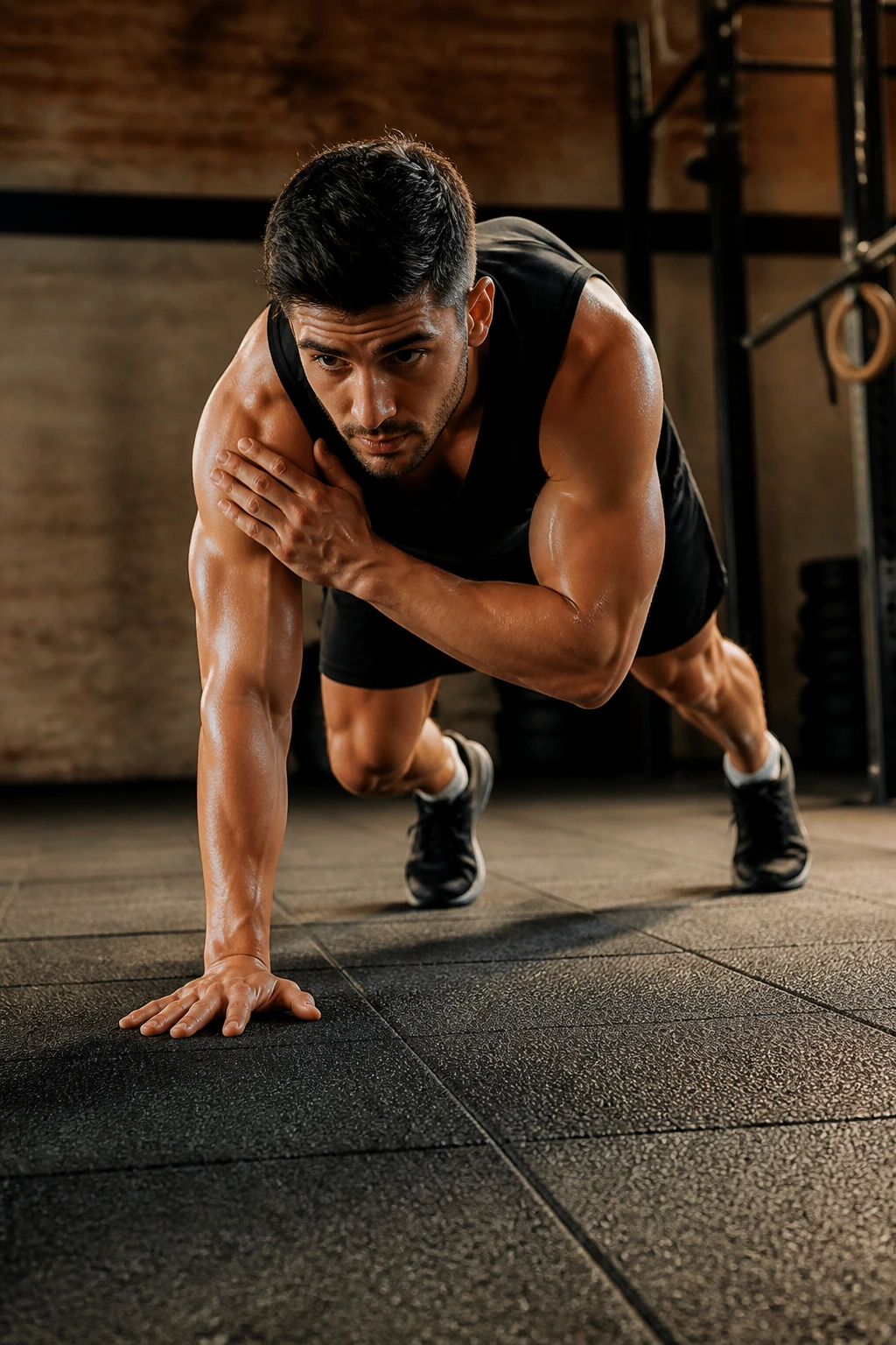Real person performing bear crawl hold shoulder taps on gym mat emphasizing core and shoulder stability