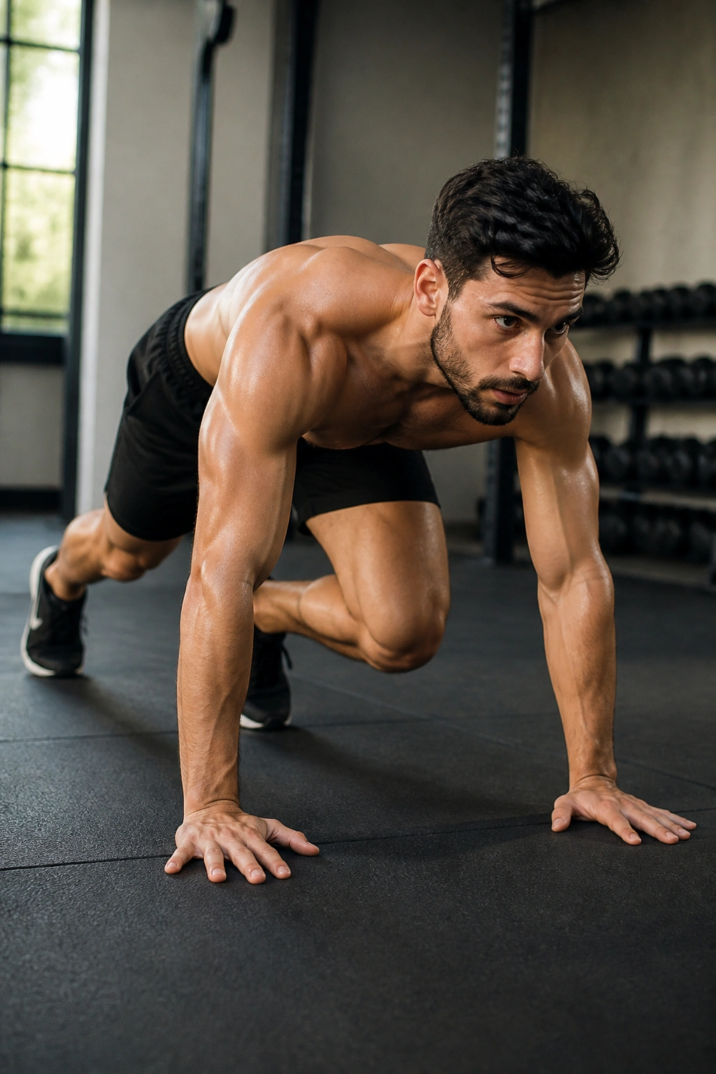 Real person in bear crawl position on a gym floor
