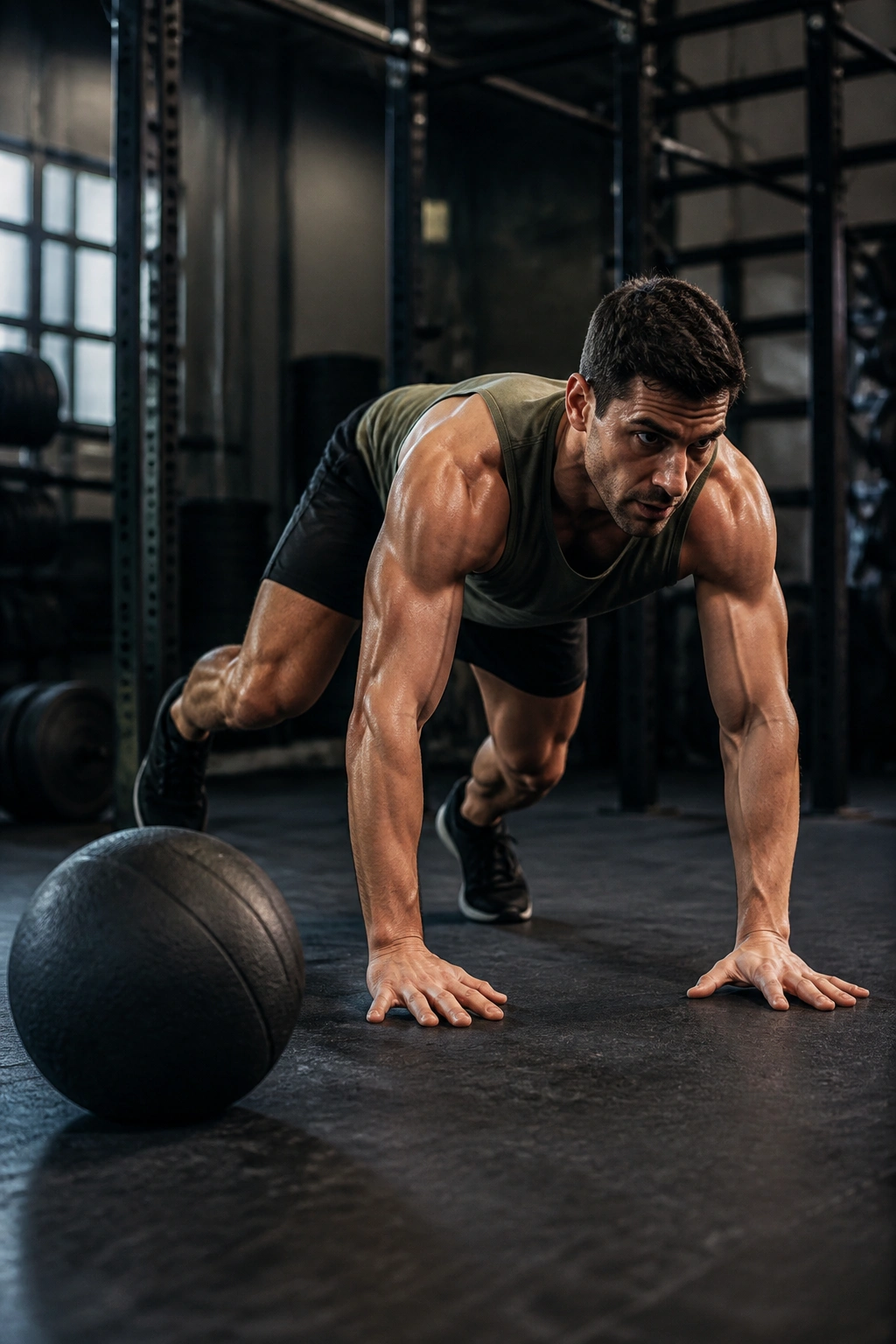 Athlete in bear crawl with slam ball on gym floor nearby