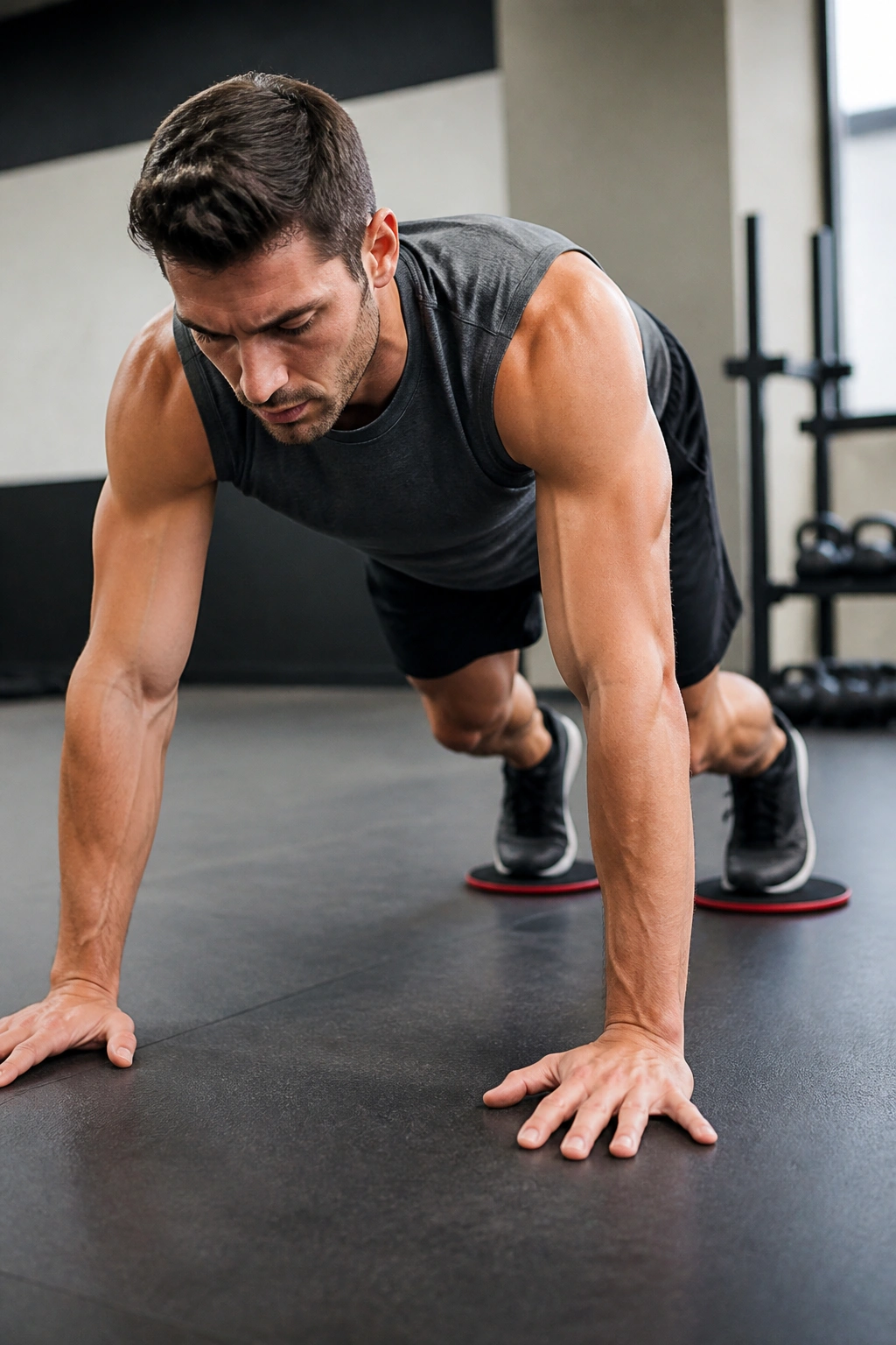 Person bear crawling with feet on sliders and tight core