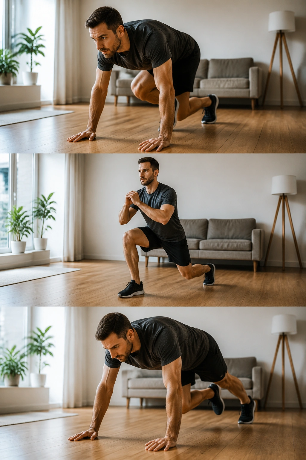 Person in bear crawl transitioning to mountain climbers in a home