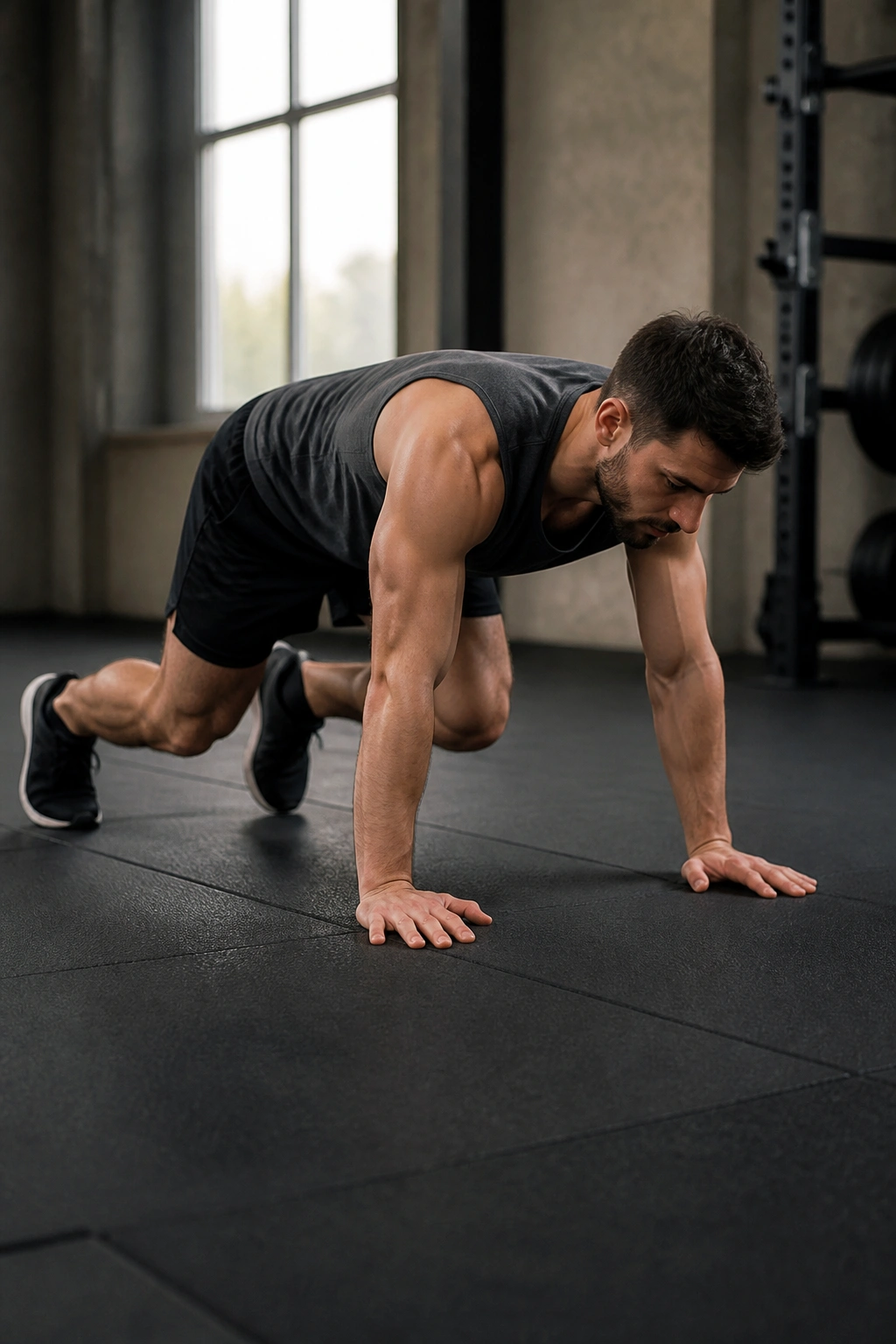 Person in bear crawl position on a padded mat, maintaining a flat spine