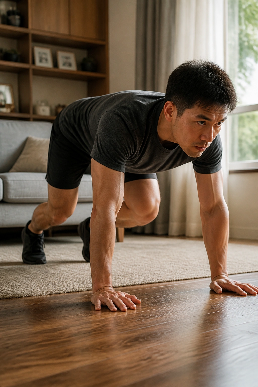 Bear crawl on a living room floor with knees near the ground