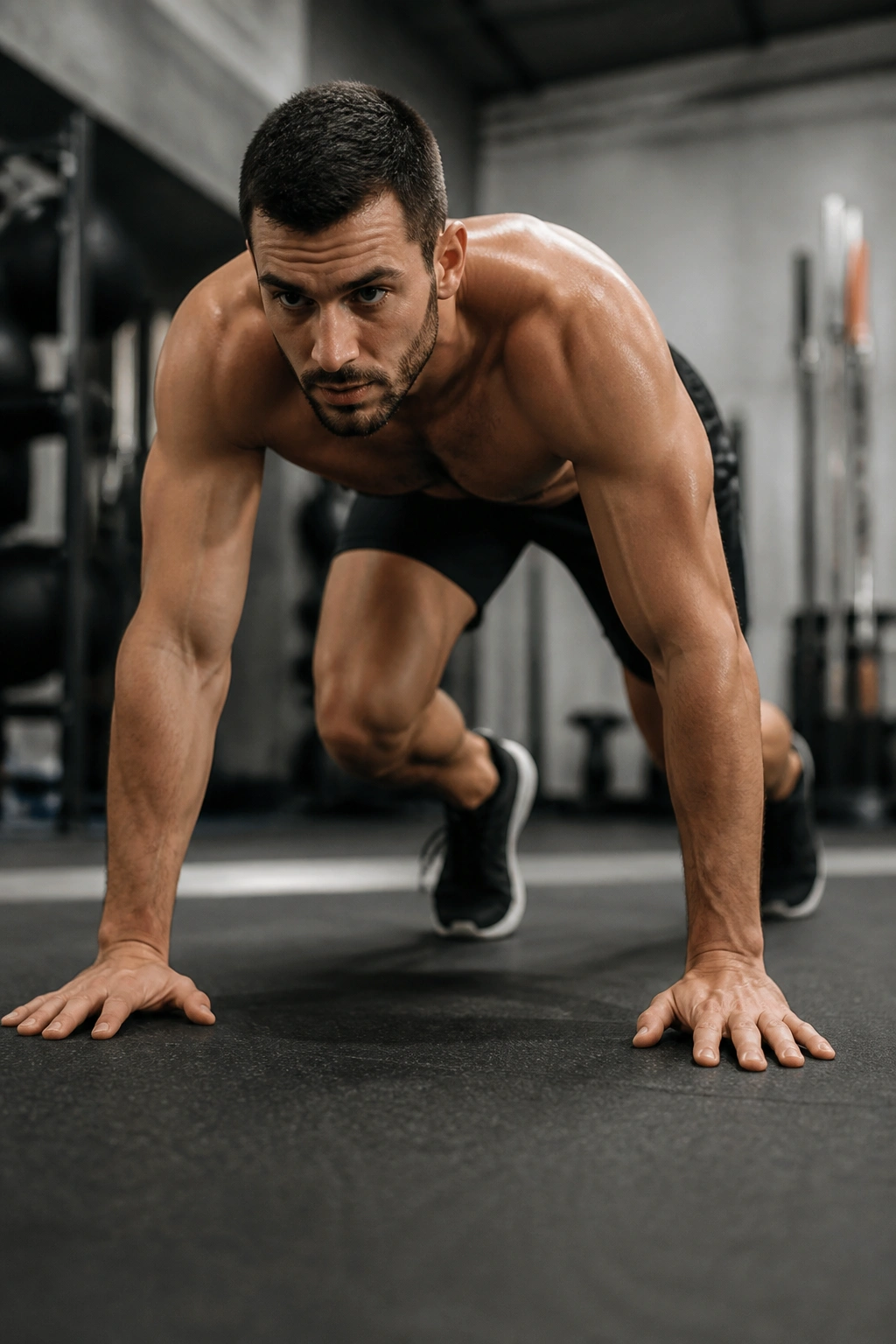 Bear crawl on a gym floor showing full body in action