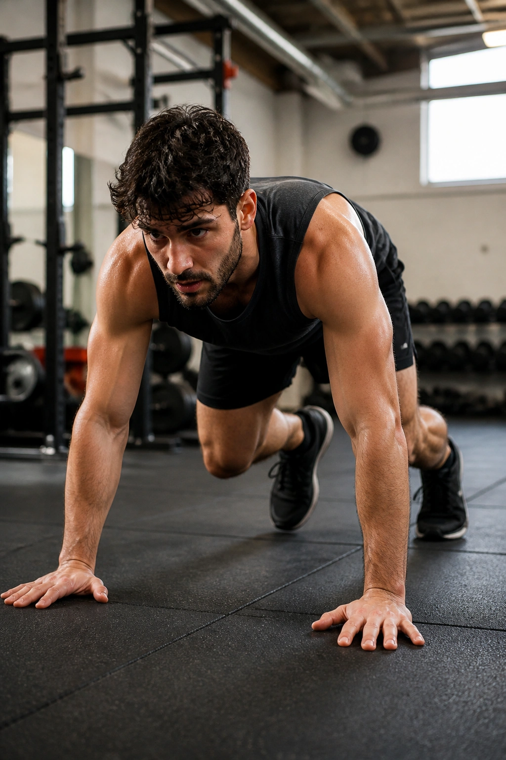 Close-up of a person performing bear crawl on gym mat