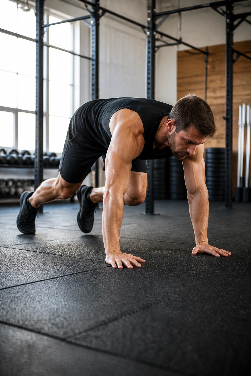 Real person performing bear crawl on gym floor, showing full-body engagement