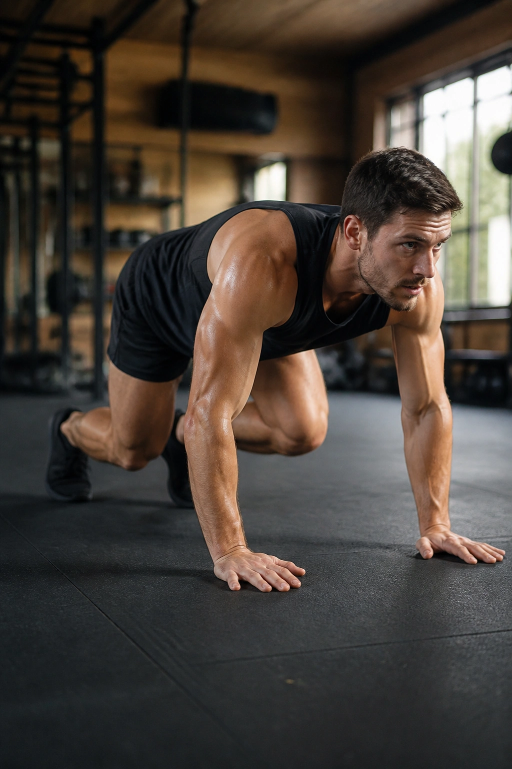 Person performing bear crawls on a padded gym floor, maintaining a flat back.