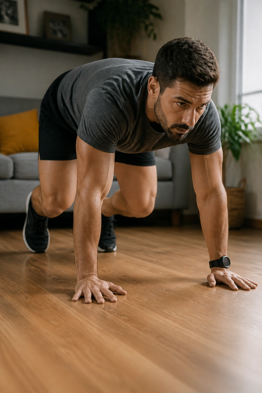 Person bear crawling in a home setting
