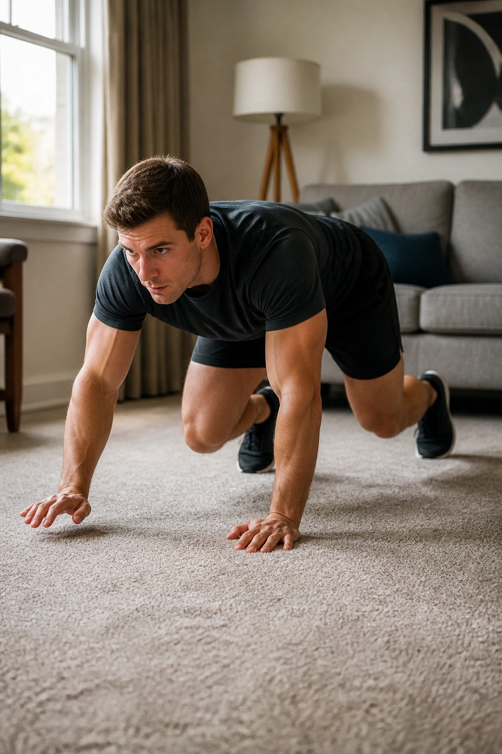 Person bear crawling on hands and feet with hips stable and core engaged