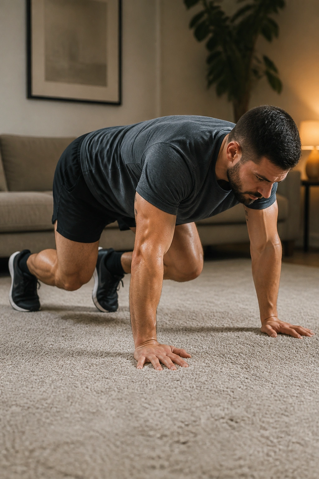 Person performing bear crawls with a flat back on a living-room floor