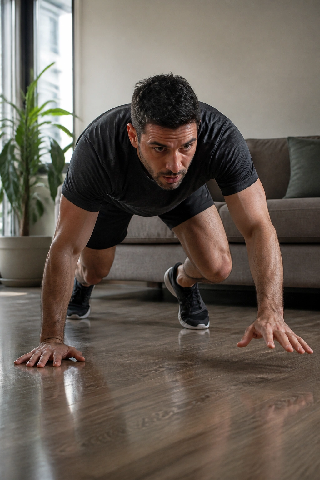 Medium close-up of a person bear crawling in a living room, core engaged and hips level.