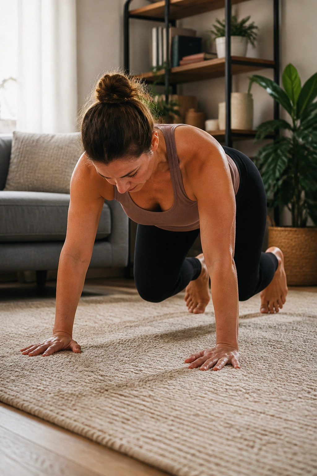 Close-up of a real person in bear hover position on hands and knees in a cozy living room