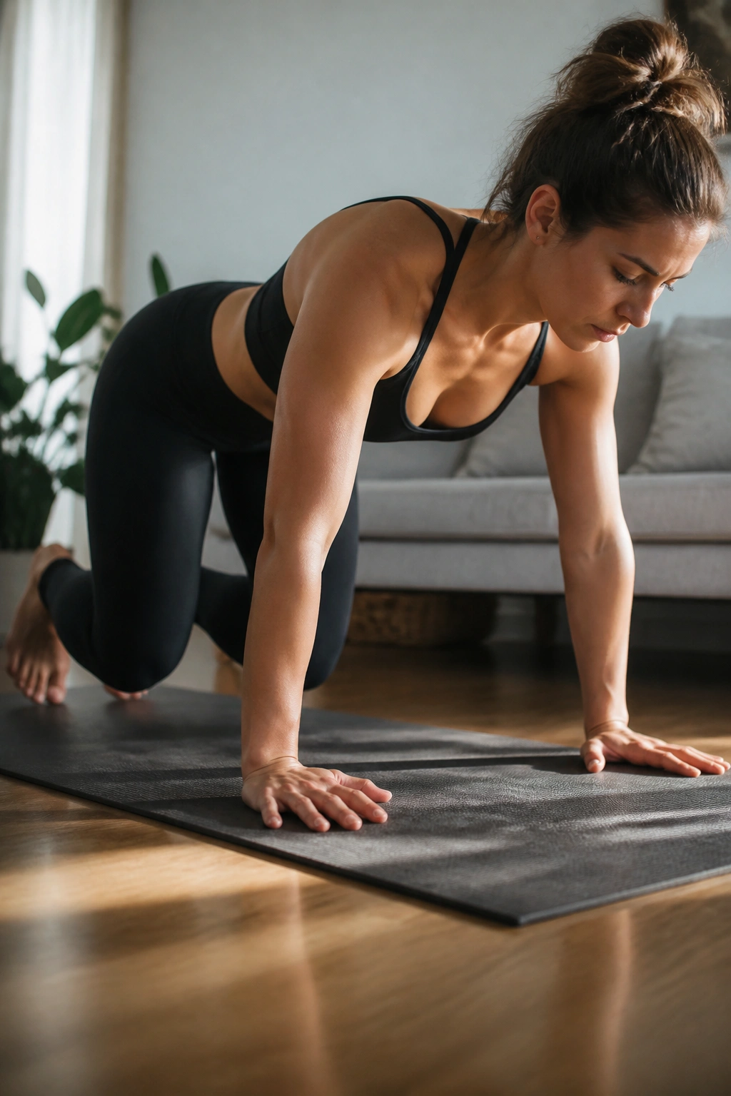 Close-up of a person performing bear plank knee hover on a mat with core engaged.