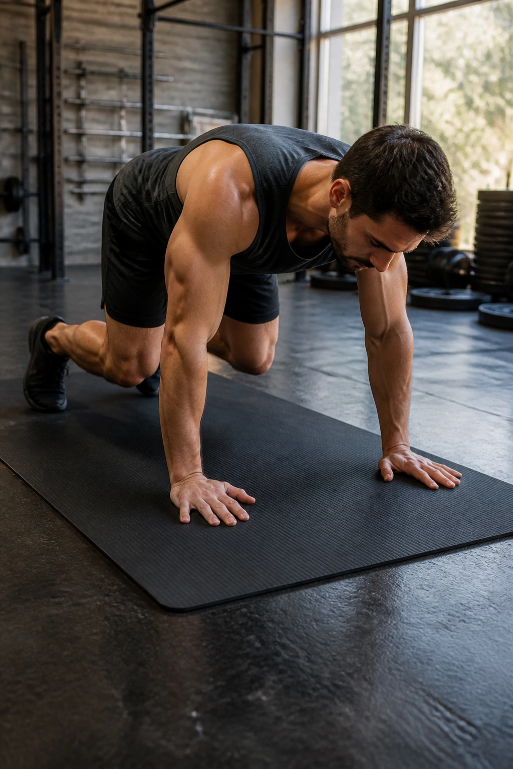 Full-body shot of person in bear plank hover on mat.