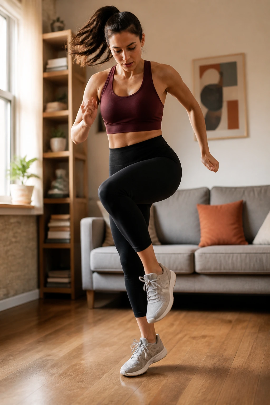 Mid-shot of a person doing fast feet cardio in rhythm in a home gym space