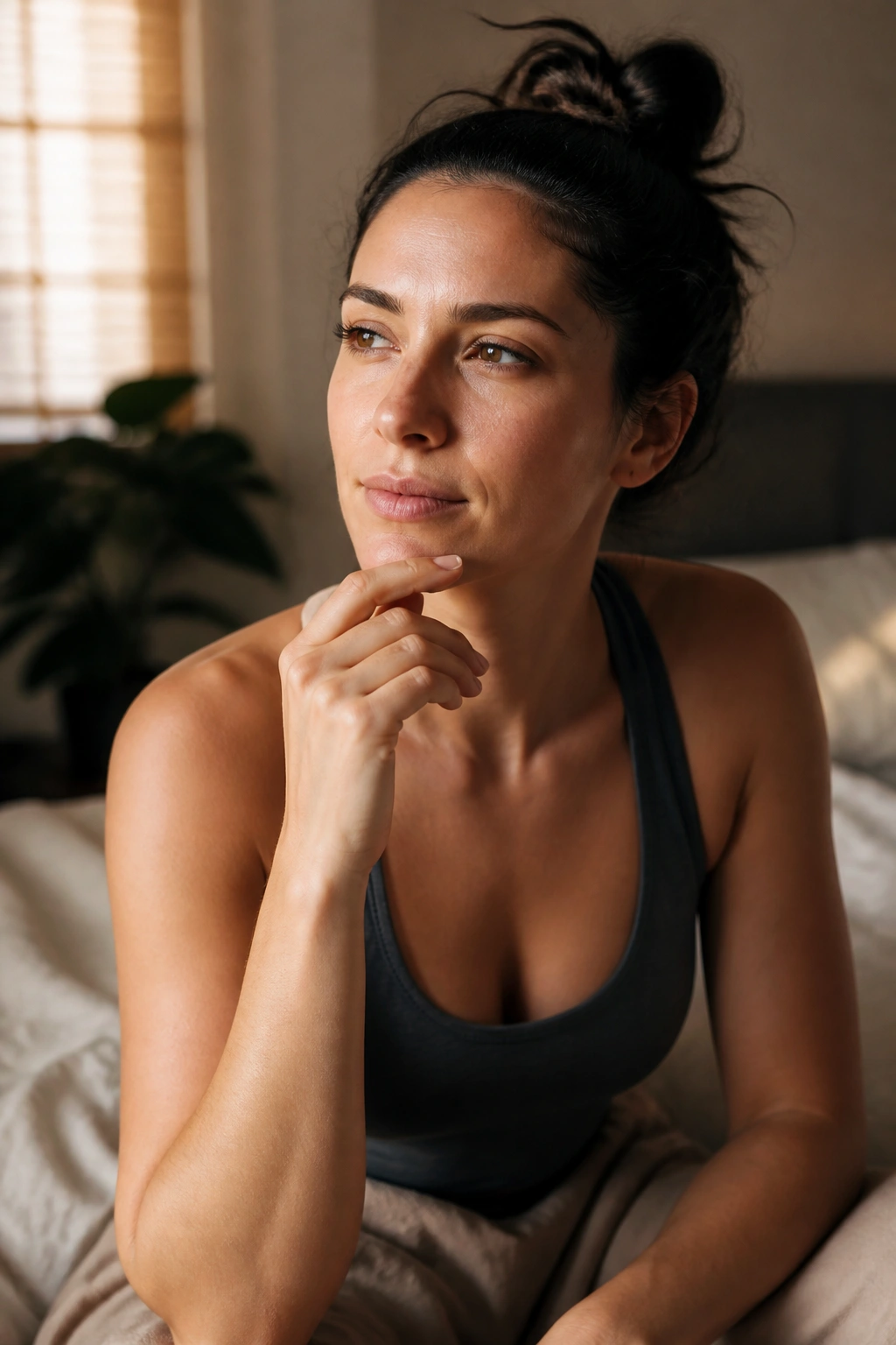 Portrait of a person deciding which bedtime yoga routine to try in a cozy bedroom.