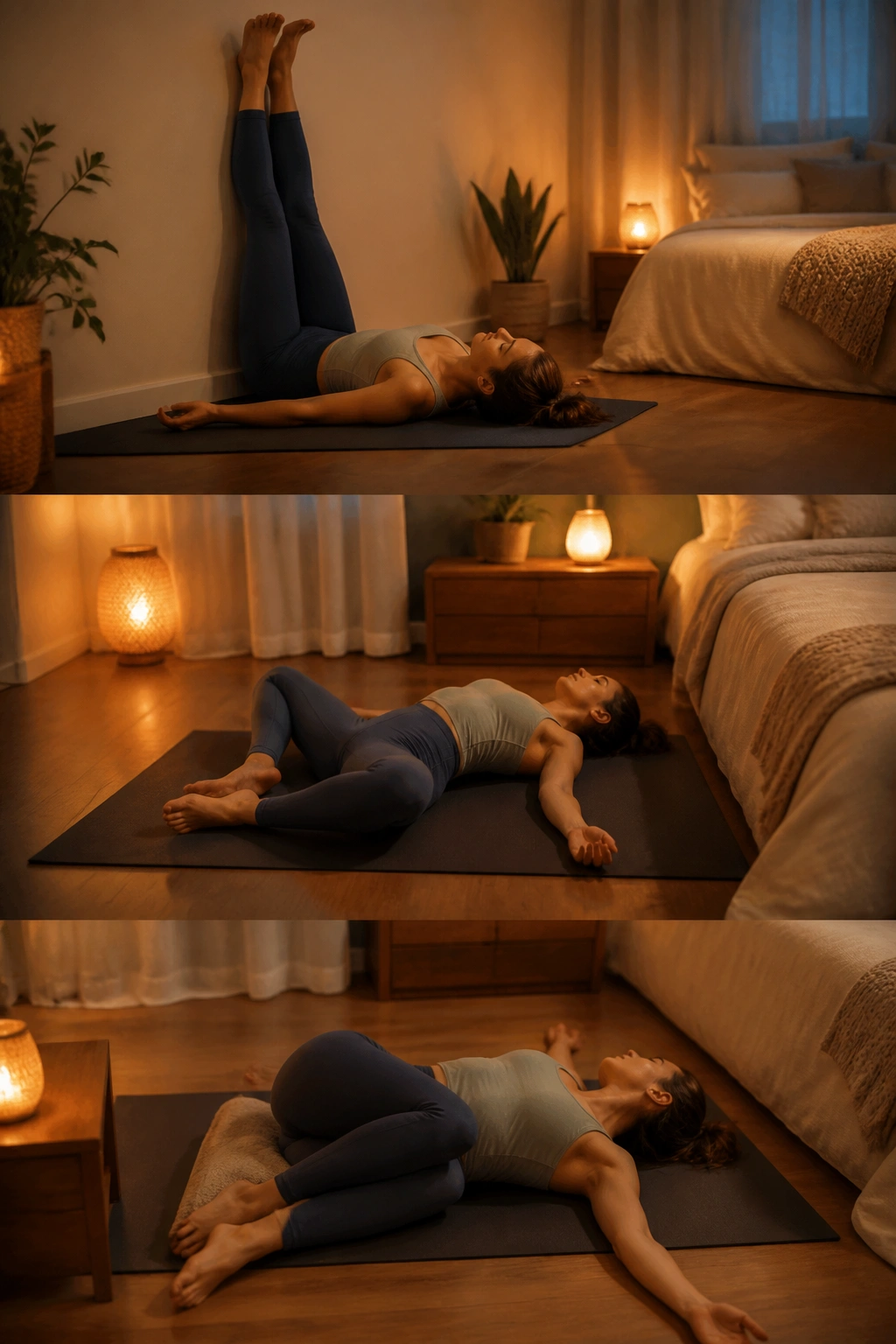 Person practicing bedtime downshift with legs up the wall in a bedroom