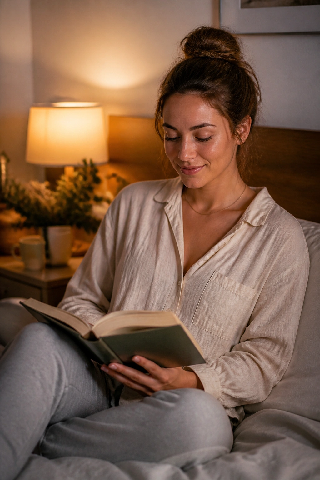 Person reading a book in a bedroom before bed with no screens
