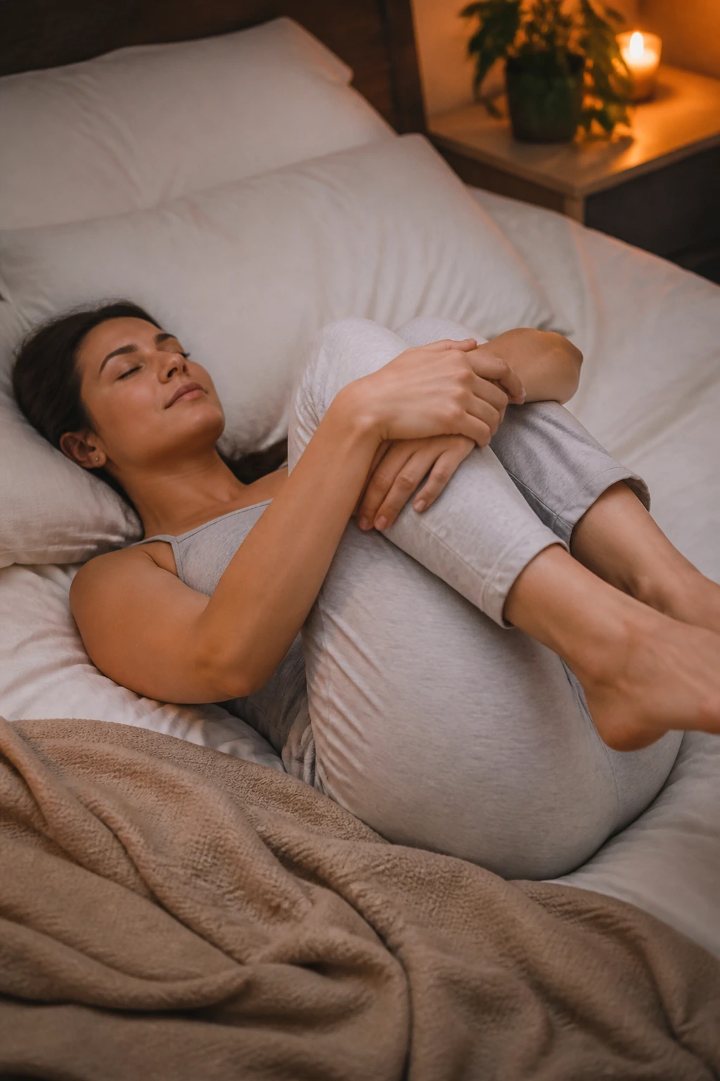 Medium close-up of a person lying on their back with knees hugged, ready for a wind-down yoga sequence.