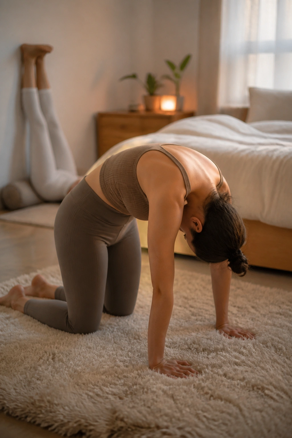 Person performing a gentle bedtime yoga flow in a cozy bedroom