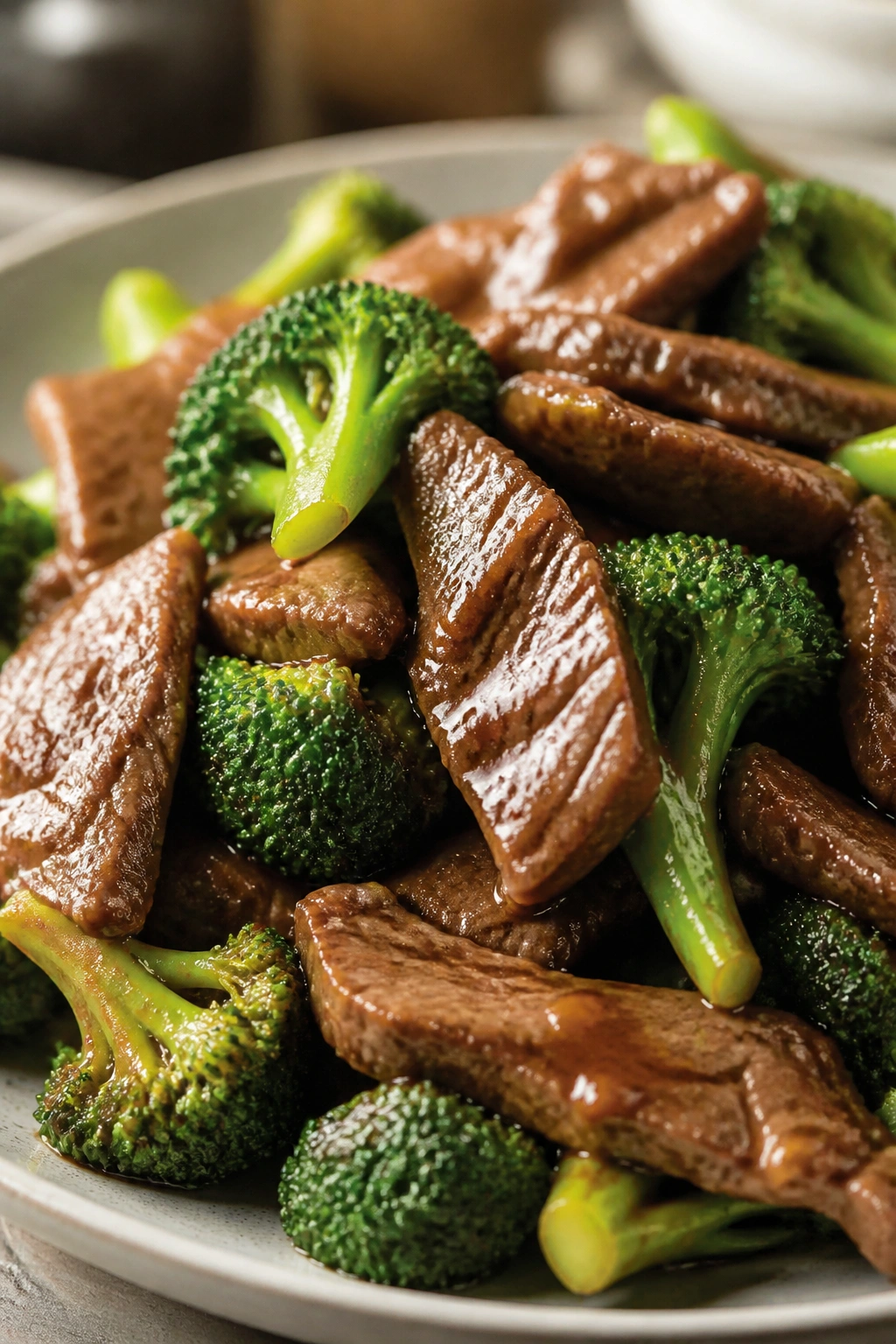 Close-up of beef and broccoli stir-fry on a plate
