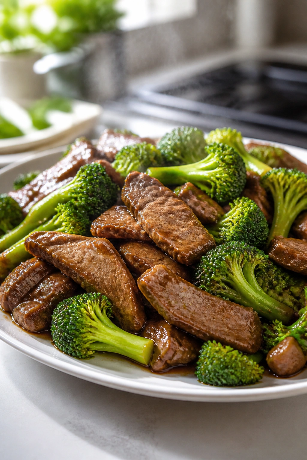 Beef and broccoli stir-fry plated on a dish