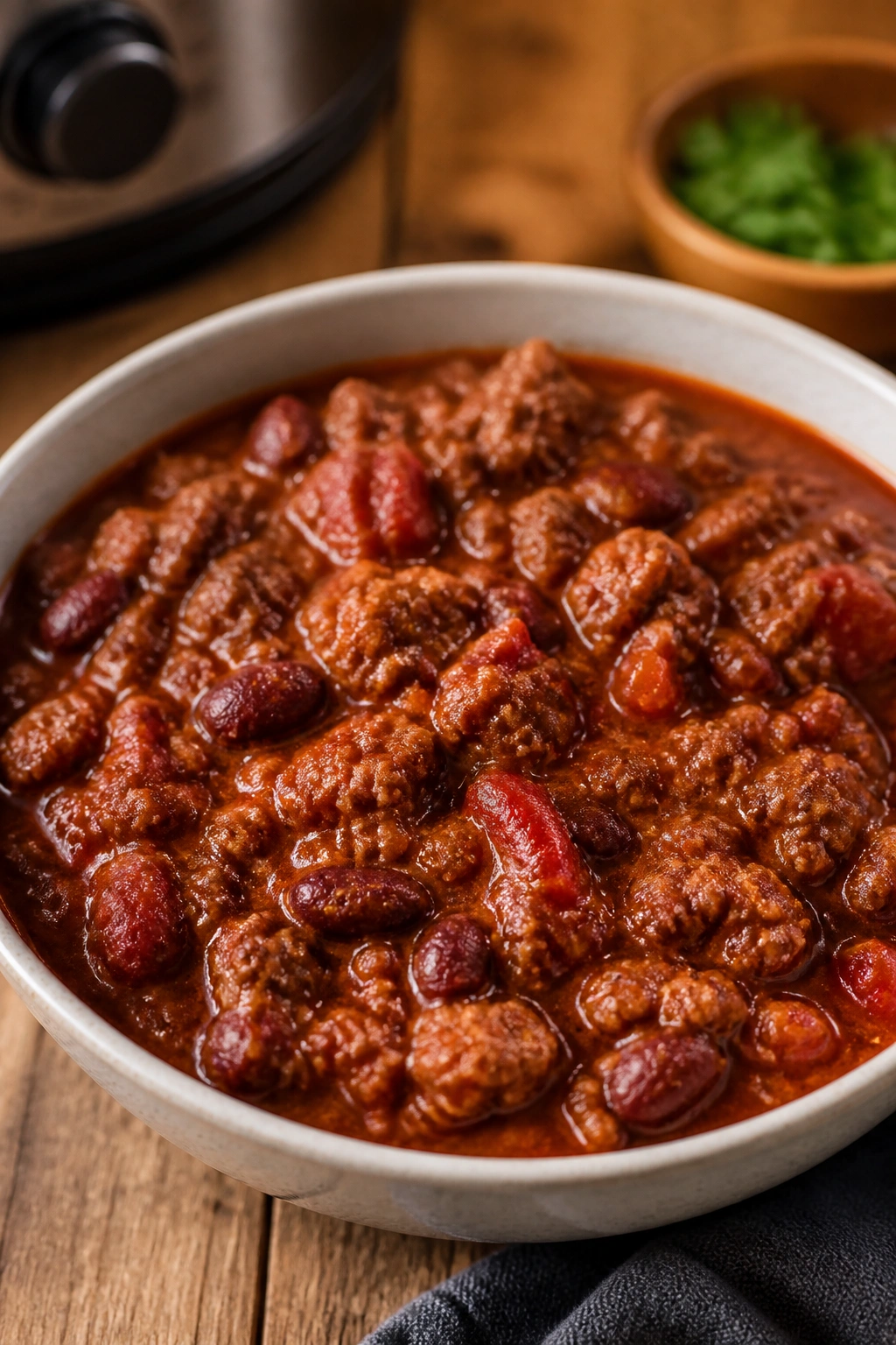 Bowl of beef chili on a warm kitchen table