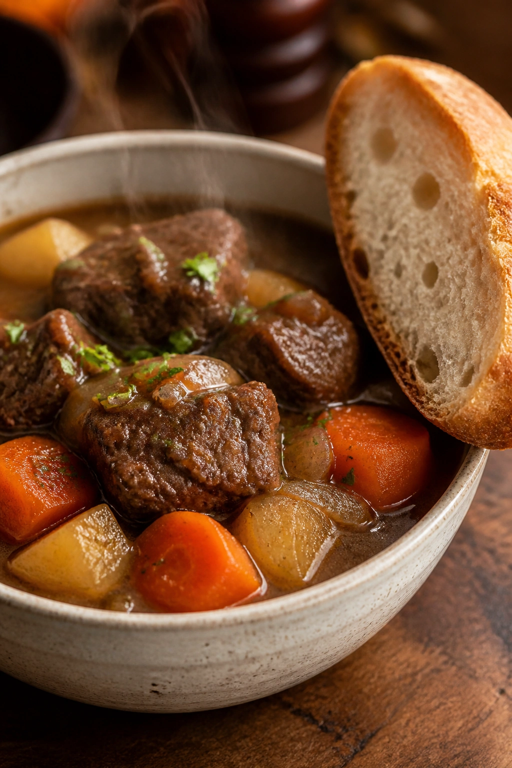 Beef stew in a bowl with crusty bread on the side
