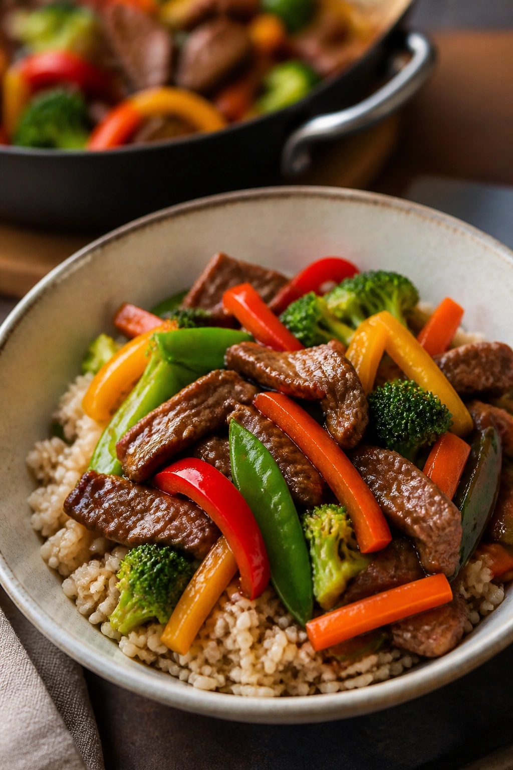 Beef stir-fry with vegetables over brown rice on a plate