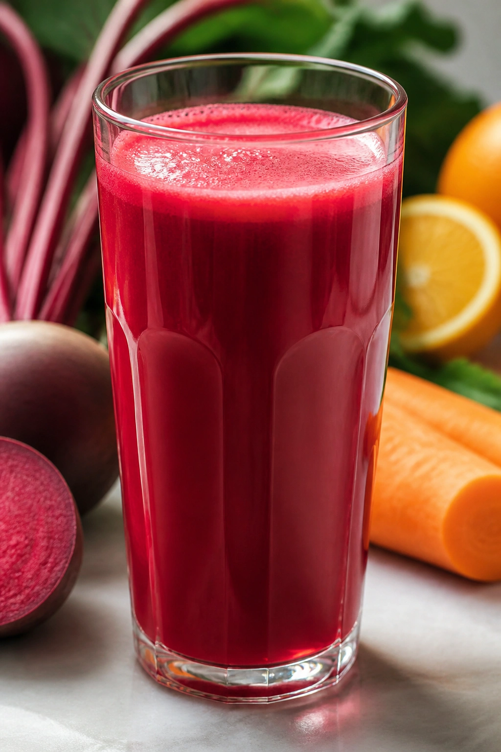 Close-up of a glass of beet citrus juice on a kitchen counter