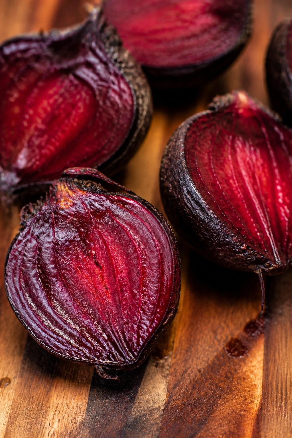 Close-up of roasted beetroot halves on a wooden board