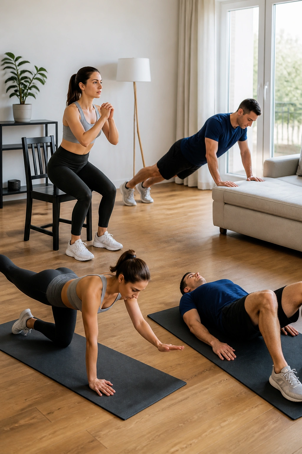 Two beginners performing sit-to-stand and incline push-ups in a bright living room