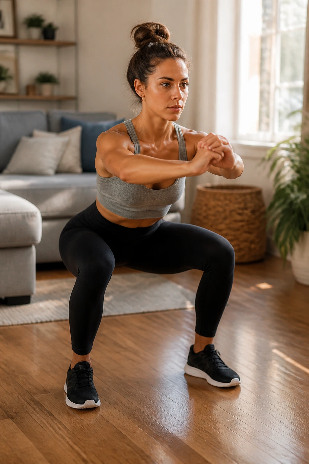 Close-up of a person performing a bodyweight squat at home in natural light