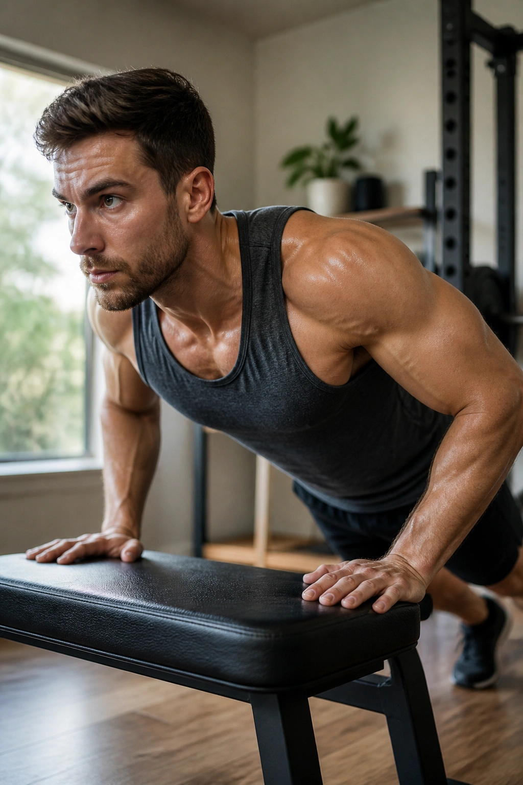 Close-up of a fit person performing an incline push-up in a home gym