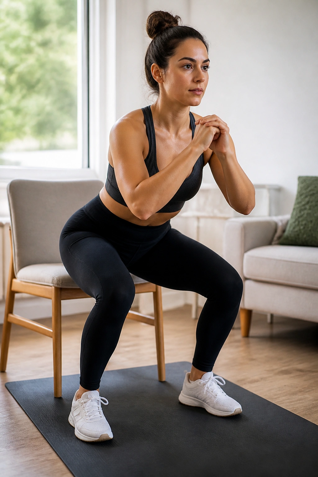 Medium close-up of a person performing a bodyweight squat in a bright living room