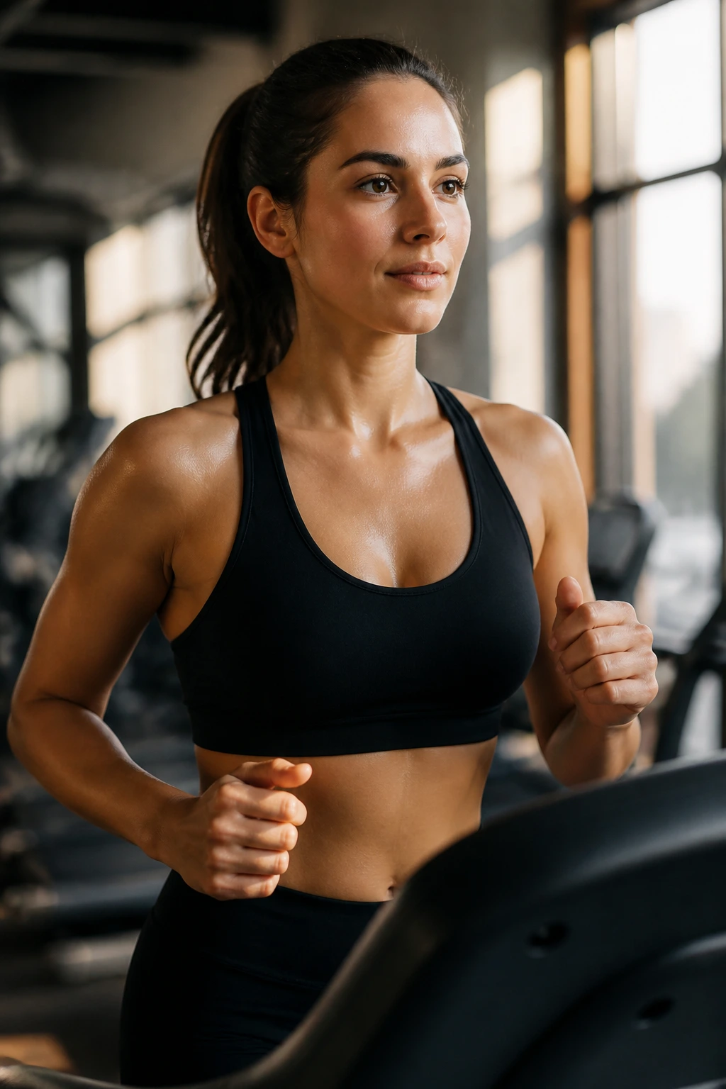 Portrait of a person walking on a treadmill at a gym, showing moderate effort.