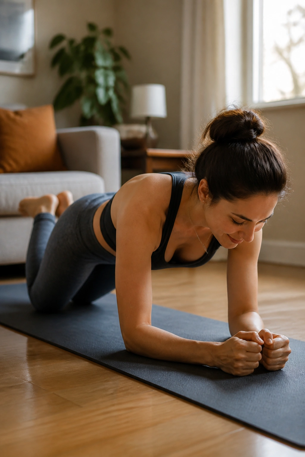 Beginner-friendly core exercise on mat in cozy living room