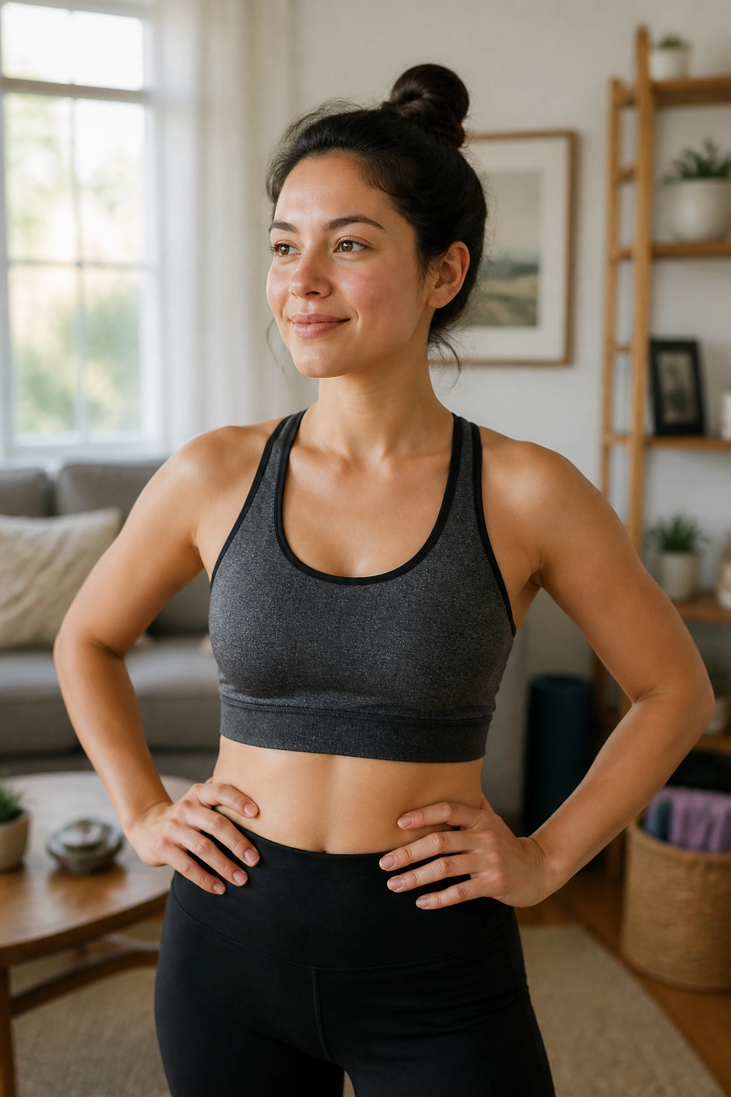 Real person ready to start a simple home workout in a cozy living room, beginner fitness