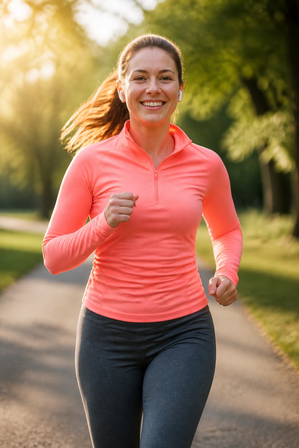 Medium close-up of a person running-walking outdoors in bright gear