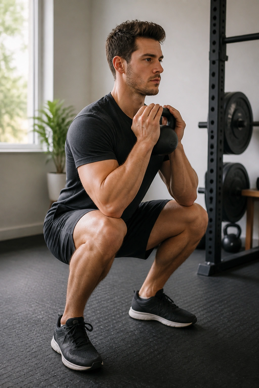 Beginner performing goblet squat in home gym