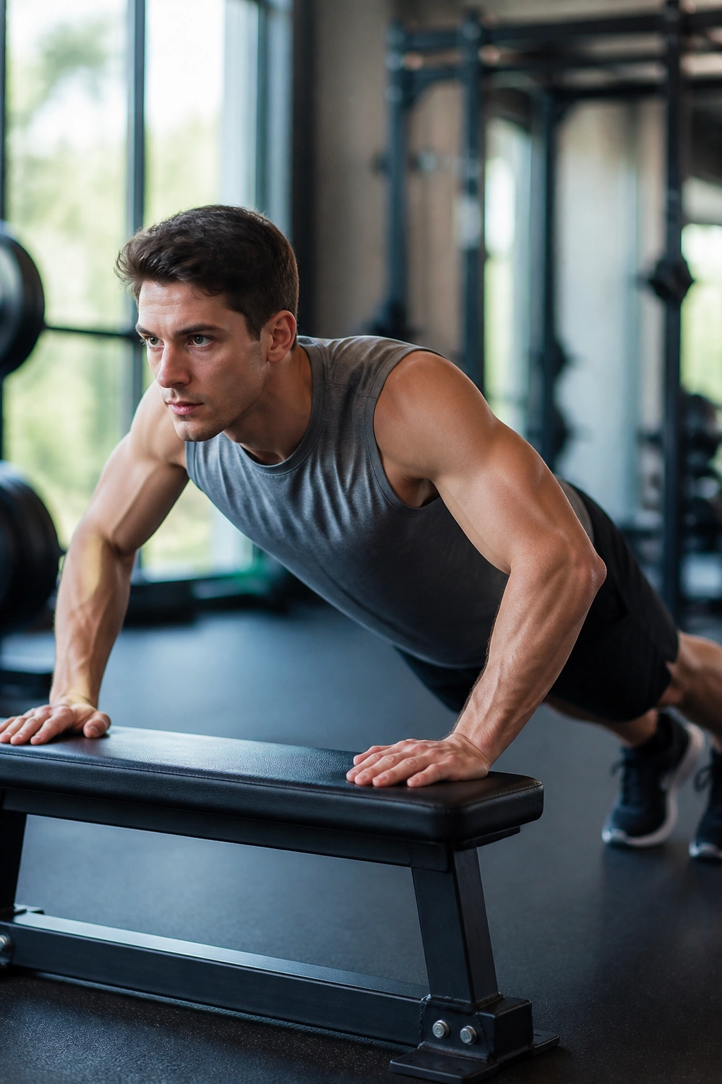 Beginner upper-body trainee performing incline push-up with proper form in gym.