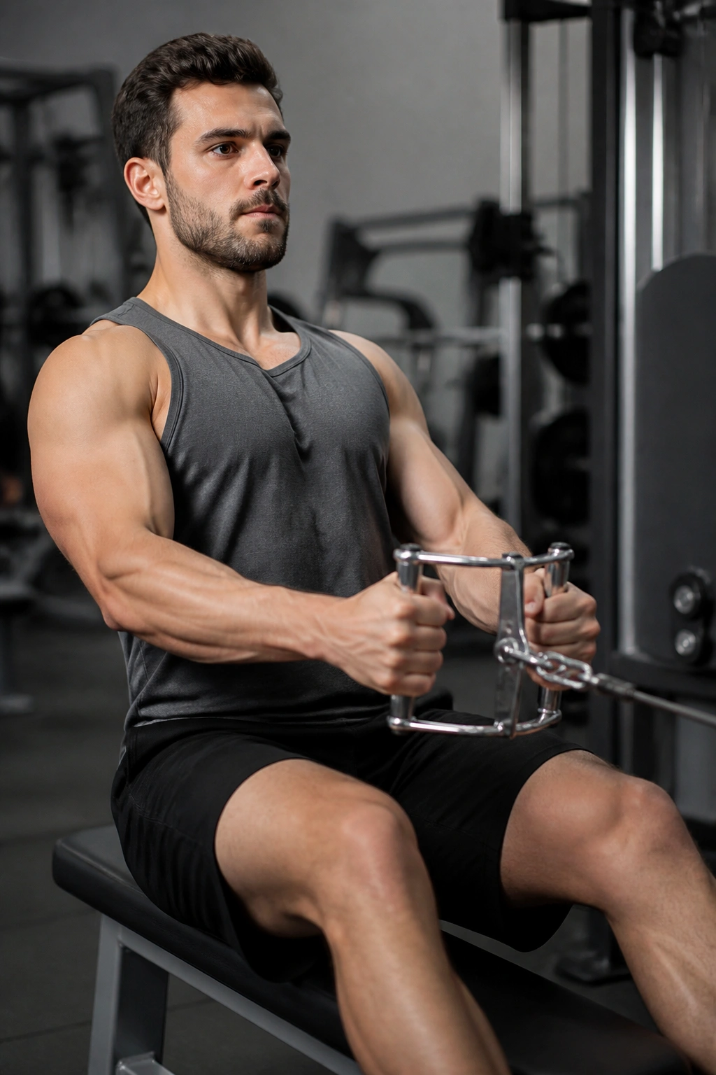 Real person performing a seated row to engage arm muscles in a beginner upper-body workout.