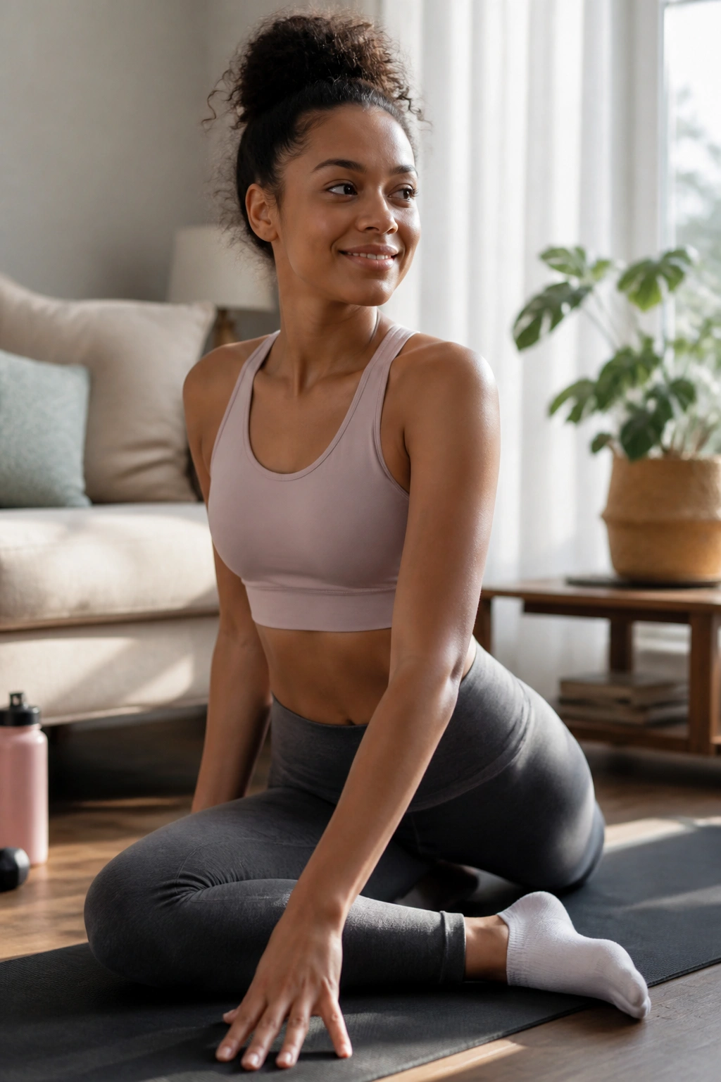 Person doing a gentle stretch in a bright living room