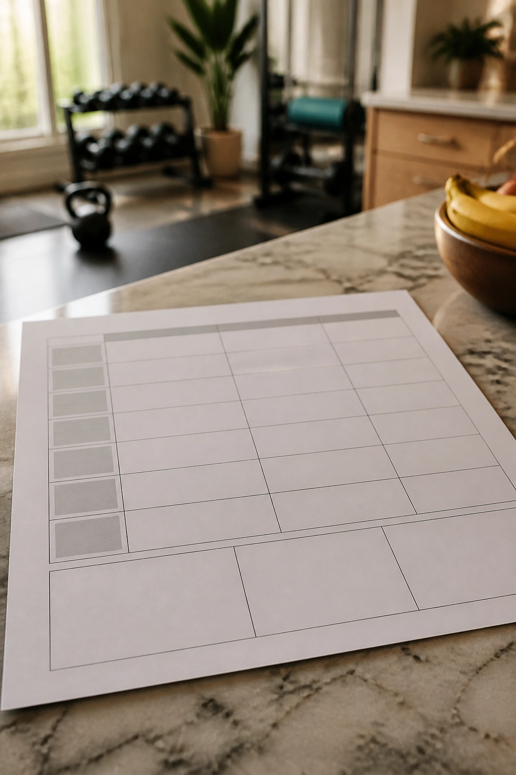 Close-up of a beginner full-body calendar with blank workout slots