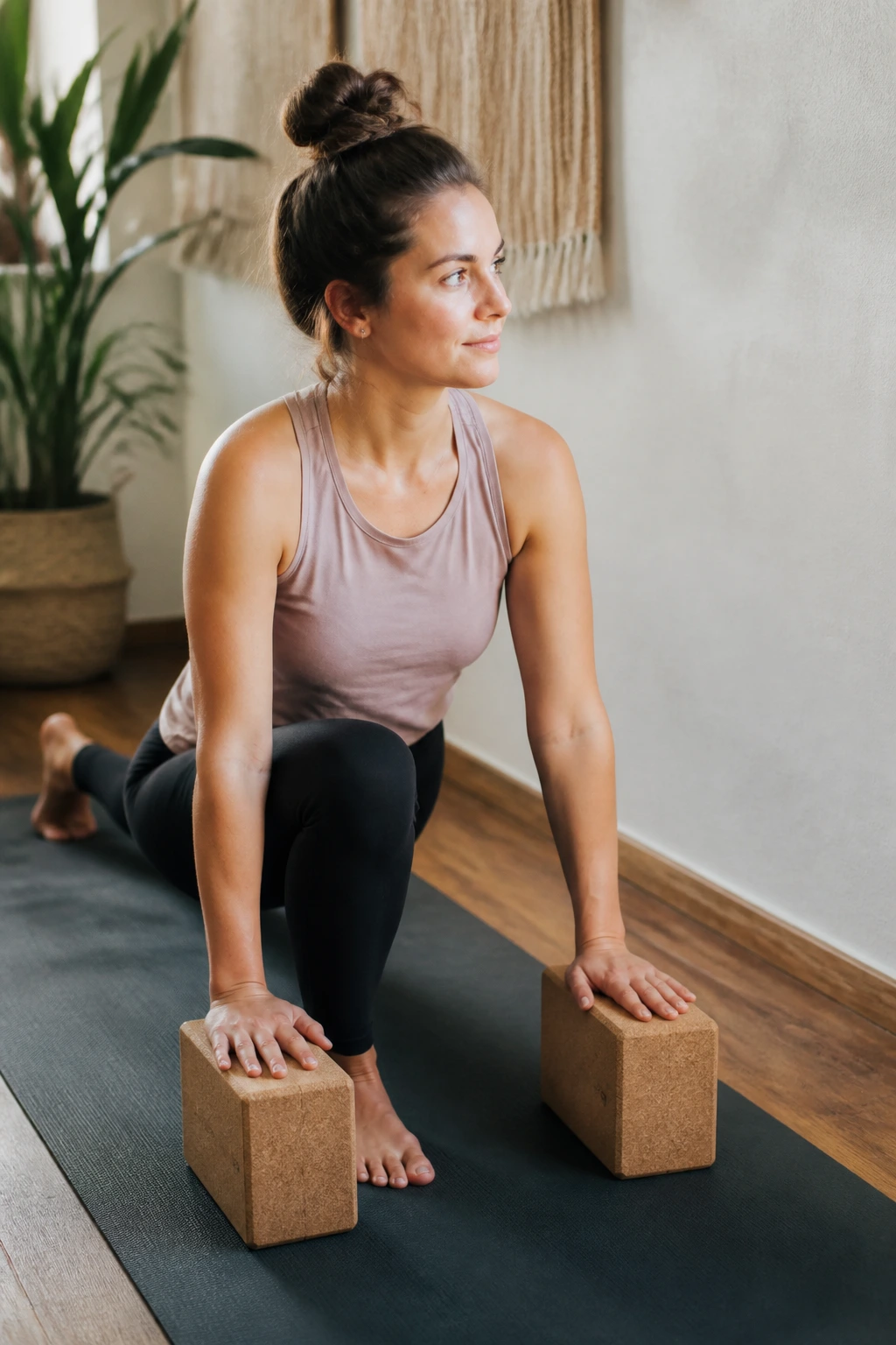 Beginner low lunge with blocks in a home setting